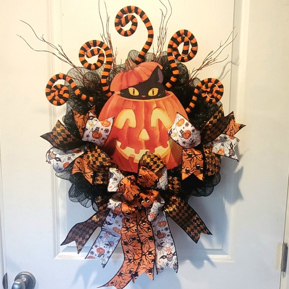 Halloween Cat Pumpkin Deco Mesh Bows - Picture 7 of 9